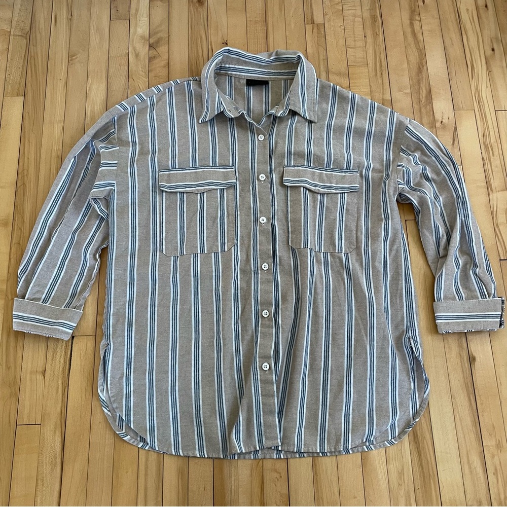 Striped Tan and Blue  Button-Up Shirt